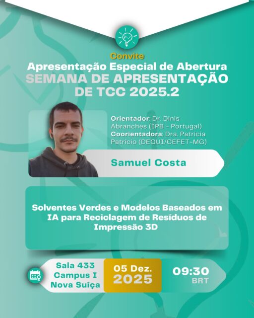 Hoje inicia-se a Semana de Apresentação dos Trabalhos de Conclusão de Curso do curso de Química Tecnológica, e o Intechlab irá marcar presença no evento! ✅

Como parte da programação especial de abertura, o nosso aluno Samuel Costa irá apresentar o seu trabalho desenvolvido em parceria com o Instituto Politécnico de Bragança, em Portugal, onde realizou intercâmbio. 📌🌍

Posteriormente, os dois alunos Saulo Ramos e André Pereira irão apresentar seus trabalhos desenvolvidos e orientados em nosso laboratório. 🧪📝

Parabéns aos envolvidos e sucesso nesta nova jornada profissional! ✨👏🏻🚀

#tcc #cefetmg #quimicatecnologica