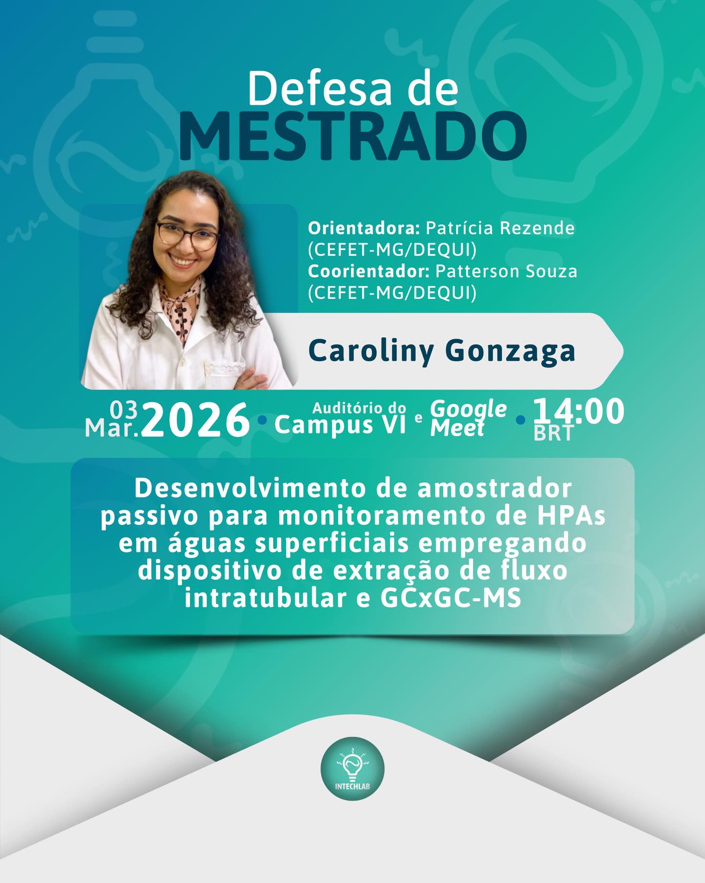Convite para defesa de mestrado 👩🏻🔬🎓
É com grande honra que convidamos todos a prestigiar a defesa de mestrado da pesquisadora Caroliny Gonzaga, integrante de nosso laboratório e coorientada pelo professor doutor Patterson de Souza. Sua dissertação é intitulada “Desenvolvimento de amostrador passivo para monitoramento de HPAs em águas superficiais empregando dispositivo de extração de fluxo intratubular e GCxGC-MS”.
Desejamos uma excelente apresentação e muito sucesso em sua jornada, Carol! ✨👏🏻
#mestrado #GCxGC #defesa #quimicaanalitica #quimicaambiental