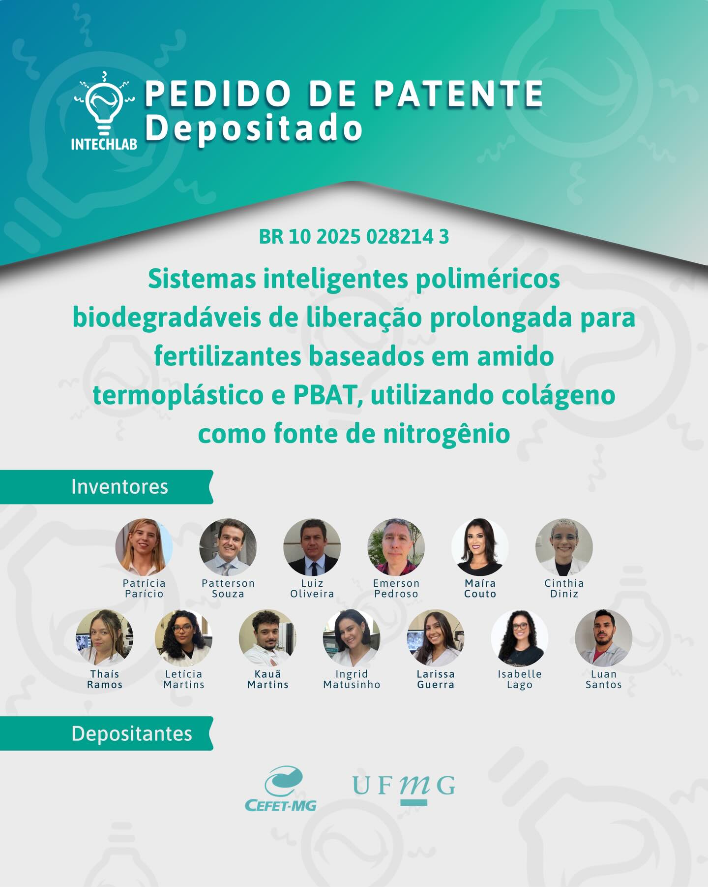 Patente depositada! ✅⚙️

É com grande entusiasmo que compartilhamos mais uma patente desenvolvida em nosso laboratório: “Sistemas inteligentes poliméricos biodegradáveis de liberação prolongada para fertilizantes baseados em amido termoplástico e PBAT, utilizando colágeno como fonte de nitrogênio”.

A invenção propõe o desenvolvimento de sistemas poliméricos biodegradáveis para fertilizantes de liberação prolongada. A matriz combina amido termoplástico (TPS) e polibutileno adipato-co-tereftalato (PBAT), incorporando colágeno proveniente de resíduos da indústria do couro como fonte de nitrogênio, além de sais de fósforo e potássio.

Como resultado, o sistema promove maior eficiência na absorção dos nutrientes pelas plantas, redução de perdas por lixiviação e valorização de resíduos, contribuindo para soluções mais sustentáveis na agricultura. 🌱♻️

Se interessou? Conte pra gente nos comentários!

#patente #fertilizantes #agricultura