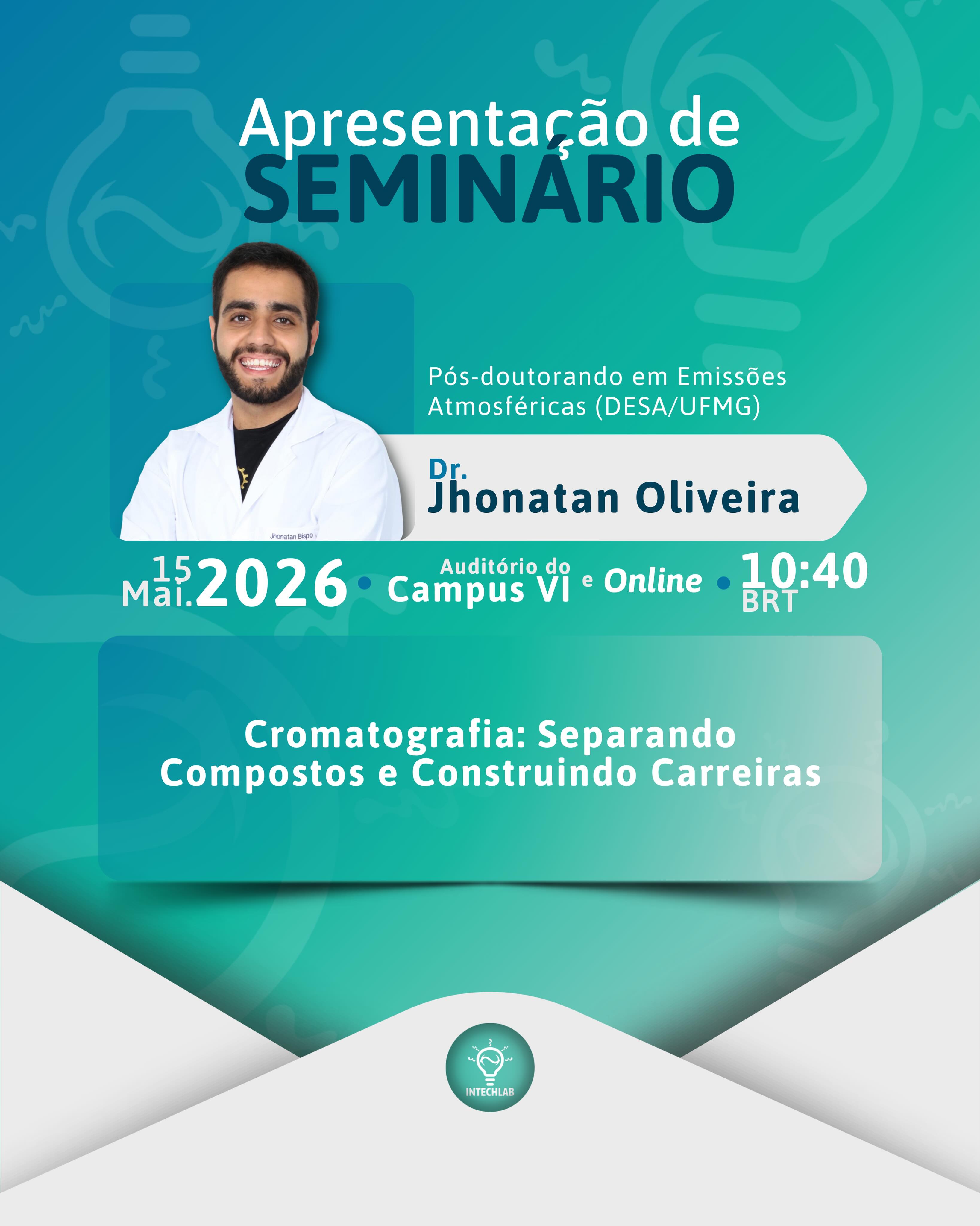 Convite para apresentação de seminário 👨🏻‍🏫

Convidamos a todos para assistir a apresentação “Cromatografia: Separando compostos e construindo carreiras” do Jhonatan Bispo, pós-doutorando parceiro de nosso laboratório, no dia 15 de maio (sexta-feira), onde ele irá compartilhar um pouco de sua trajetória acadêmica na área de cromatografia.

O seminário ocorrerá no campus VI do CEFET-MG e será transmitido pelo Conferência Web (link no direct). Desde já agradecemos a presença de todos! 💚

#seminário #posdoc #cromatografia