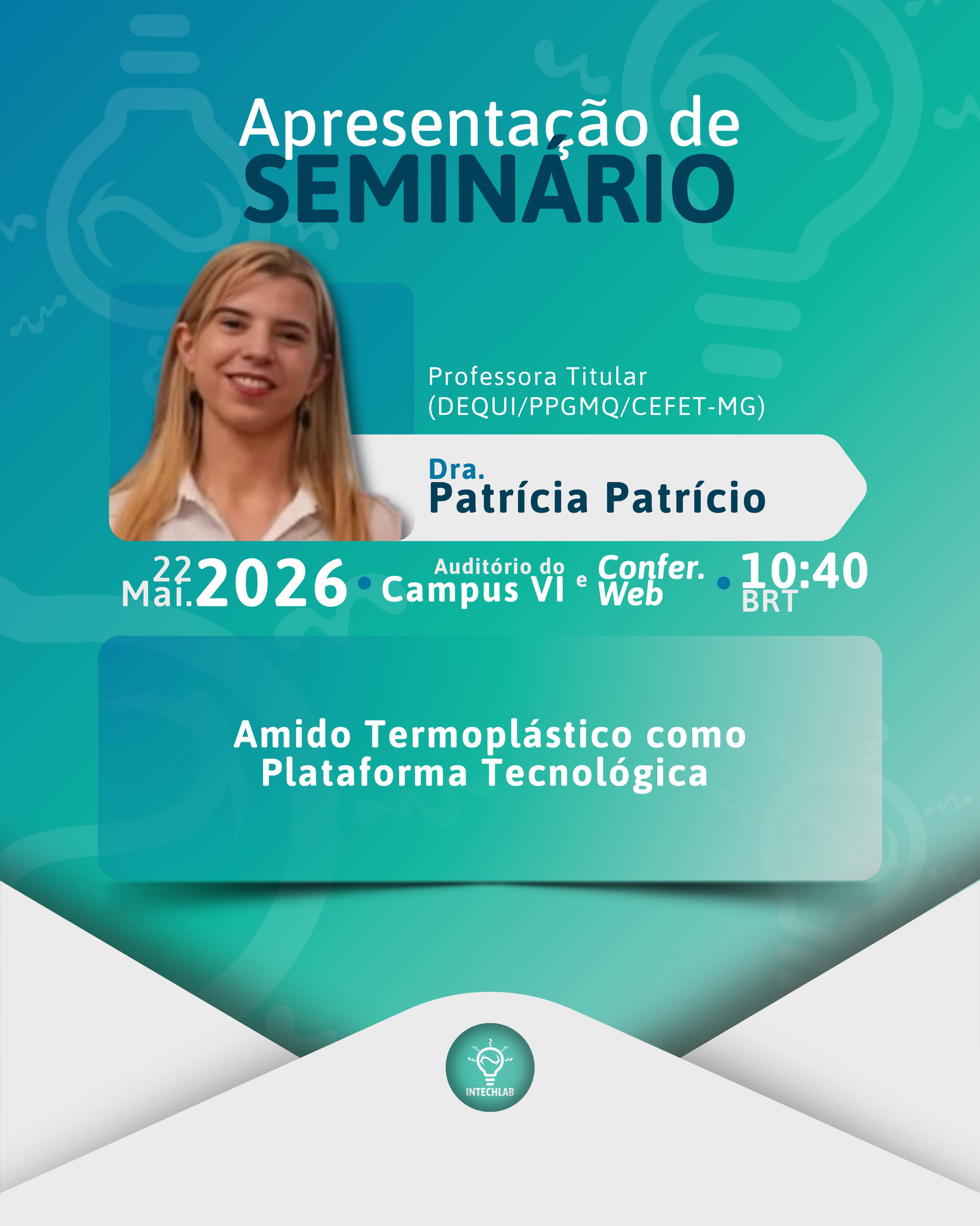 Convite para apresentação de seminário 👩🏼🏫
Convidamos a todos para assistir a apresentação “Amido termoplástico como plataforma tecnológica” da Patrícia Patrício, professora titular do CEFET-MG e uma das coordenadoras do nosso laboratório, no dia 22 de maio (sexta-feira), onde ela irá compartilhar um pouco dos trabalhos desenvolvidos pelo nosso grupo, abordando o processamento e a aplicação de amido termoplástico.
O seminário ocorrerá no campus VI do CEFET-MG e será transmitido pelo Conferência Web (link no direct). Desde já agradecemos a presença de todos! 💚
#seminário #amidotermoplástico #polímeros