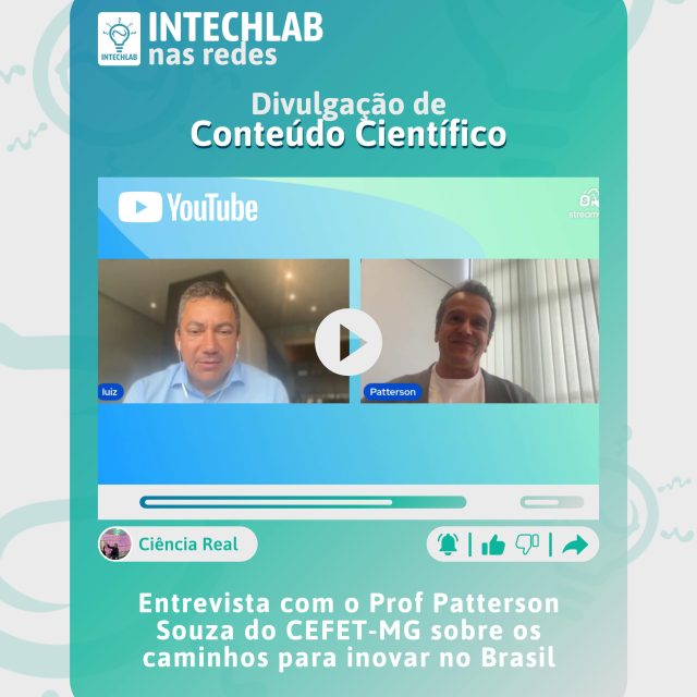 Collab Intechlab + Ciência Real ✅🤝
O professor doutor Patterson Patricio, um dos coordenadores de nosso laboratório, participou do vídeo “Entrevista com o Prof Patterson do CEFET-MG sobre os caminhos para inovar no Brasil” no canal Ciência Real Brasil do professor doutor Luiz Oliveira da UFMG. Eles discutiram sobre as formas de transformar as pesquisas nas universidades brasileiras em produtos para a sociedade.
Convidamos todos a assistir o vídeo, curtir, comentar e seguir o canal. É um meio muito importante de divulgação científica! 💚
#divulgaçãocientífica #pesquisa #inovação
