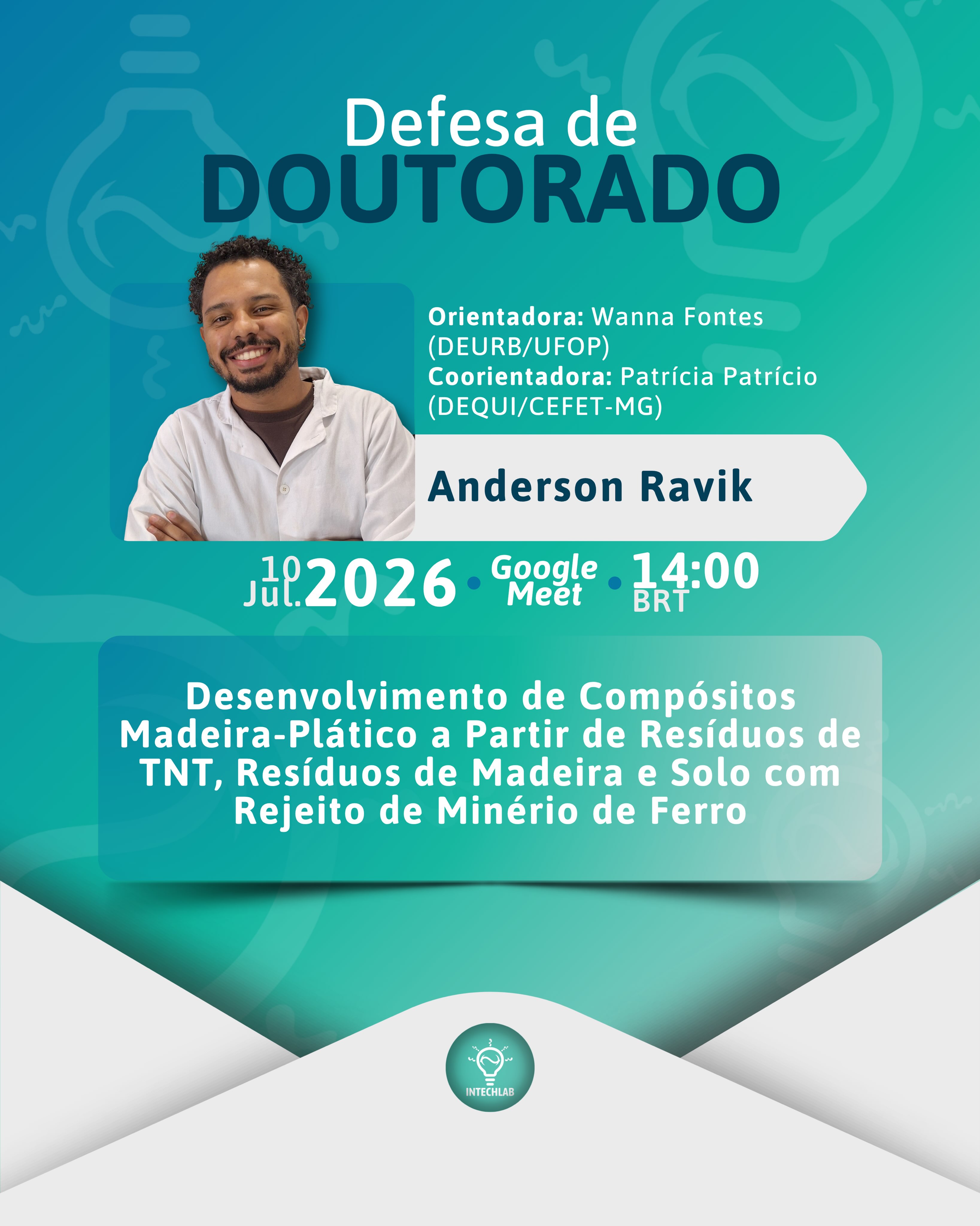 Convite para defesa de doutorado 👨🏽💻🎓
É com grande honra que convidamos todos a prestigiar a defesa do doutorado do pesquisador Anderson Ravik, membro do @ecourb.ufop , grupo de pesquisa parceiro de nosso laboratório, e coorientado pela professora doutora Patrícia Patrício. Sua tese é intitulada “Desenvolvimento de compósitos madeira-plástico a partir de resíduos de TNT, resíduos de madeira e solo com rejeito de minério de ferro”.
Desejamos uma excelente apresentação e muito sucesso em sua jornada, Ravik! ✨👏🏻
#doutorado #madeiraplástica #polímeros