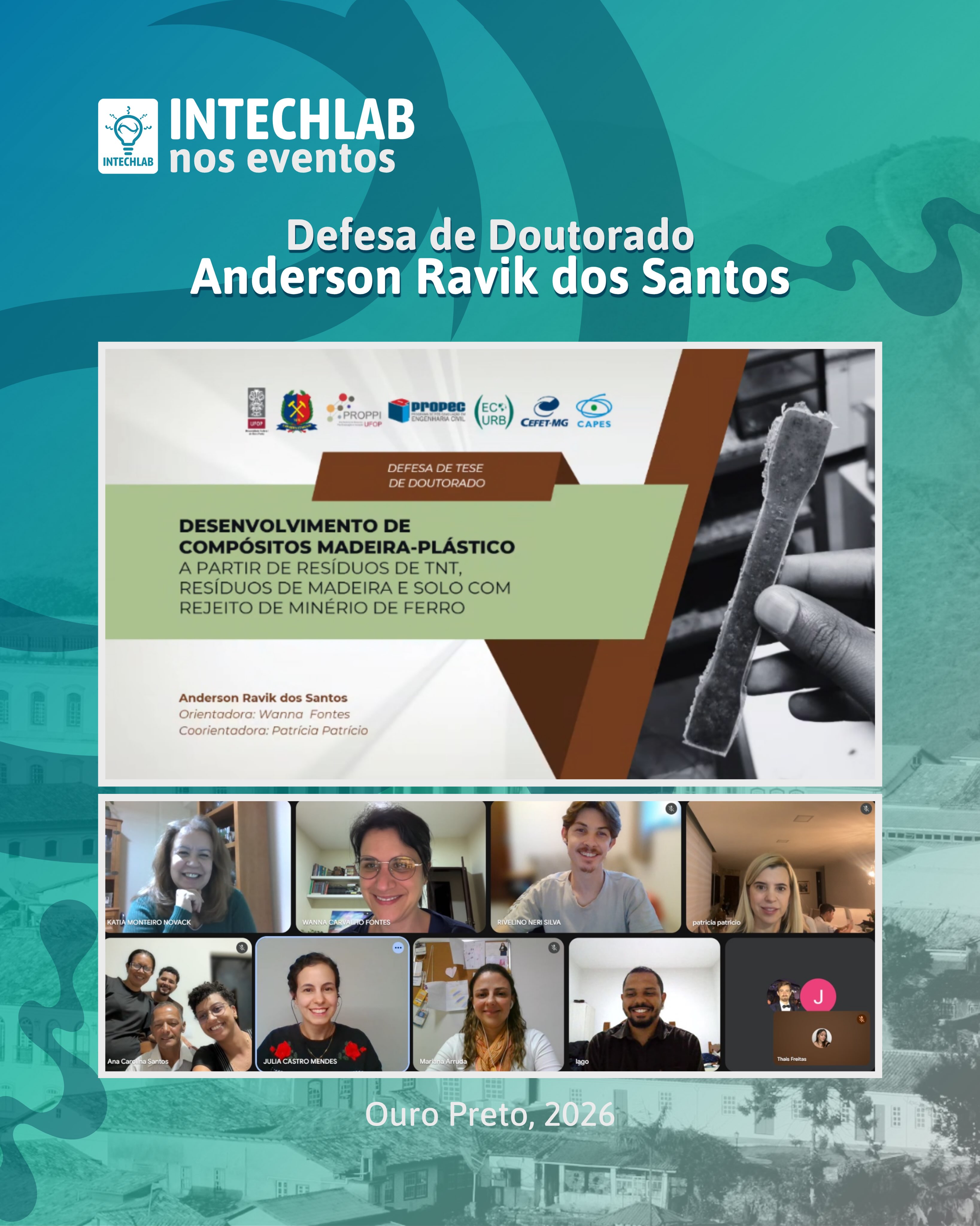 Registros Intechlab ✨

É com muita emoção que compartilhamos alguns momentos da defesa de doutorado do nosso pesquisador convidado Anderson Ravik. Agradecemos à banca examinadora pelas valiosas contribuições, ao grupo de pesquisa @ecourb.ufop pela parceria, e a todos que estiveram presentes prestigiando esse momento tão especial! 🤝💚

Parabéns, Dr. @andersonravik, pelo excelente trabalho! Desejamos muito sucesso em sua nova jornada profissional. 👏🚀

#doutorado #madeiraplástica #engenhariacivil
