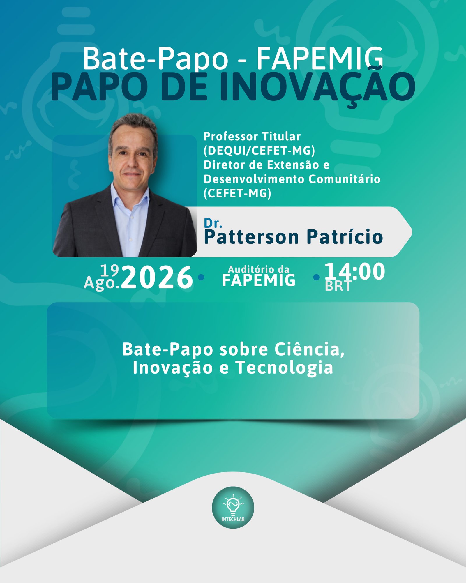 Convite para o Papo de Inovação 🗣️💡
É com grande satisfação que convidamos todos a prestigiar o Papo de Inovação de hoje, que contará com a participação do professor doutor Patterson Patrício, coordenador do nosso laboratório. O encontro, promovido pela Fapemig, busca fortalecer o diálogo entre os centros de pesquisa e a sociedade, abordando temas como inovação e empreendedorismo.
Desejamos um excelente bate-papo e uma ótima troca de conhecimentos! ✨👏🏻
#FAPEMIG #inovação #empreendedorismo