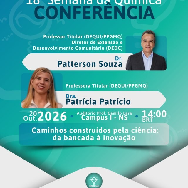 🧪 O Intechlab na 18ª Semana da Química do CEFET-MG!

Entre os dias 20 e 22 de outubro, acontece a 18ª Semana da Química - Campus NS, com o tema “Química, ciência e inovação”. Nossa equipe do Intechlab estará presente marcando presença em momentos fundamentais da programação!
Confira onde nos encontrar:

📅 20/10 (Terça-feira)
* 14h | Conferência de Abertura: “Caminhos construídos pela ciência: da bancada à inovação” 📍 Auditório Prof. Camilo Lara
* 17h | Corredor do Conhecimento: Troca de experiências, exposição de projetos acadêmicos e aquele cafezinho especial com bolo! 📍 Corredor do 4º andar (DEQUI)
📅 22/10 (Quinta-feira)
* 15h | Mesa Redonda: “Mulheres na ciência: múltiplos caminhos, trajetórias e atuação profissional” 📍 Auditório Prof. Camilo Lara

Vem compartilhar conhecimento, inovação e conexões com a gente! ☕✨

#QuímicaTecnológica #CEFETMG #SemanadaQuímica
