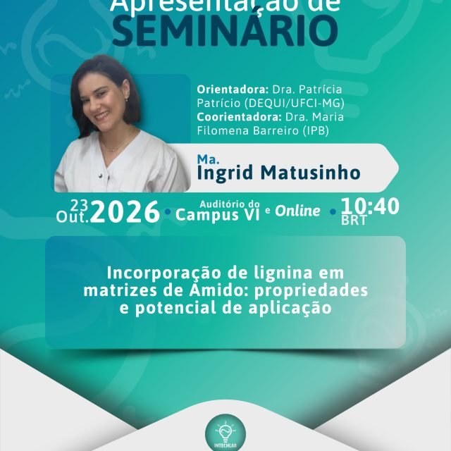 Convite para apresentação de seminário 👩🏻🏫
Convidamos a todos para assistir a apresentação “Incorporação de lignina em matrizes de amido: propriedades e potencial de aplicação” da Ingrid Matusinho, doutoranda de nosso laboratório, no dia 23 de outubro (sexta-feira), onde ela irá compartilhar um pouco de seu aprendizado no assunto durante o desenvolvimento do seu doutorado em cotutela com o Instituto Politécnico de Bragança (IPB).
O seminário ocorrerá no campus VI da UFCI-MG e será transmitido pelo Conferência Web (link no direct). Desde já agradecemos a presença de todos! 💚
#seminário #lignina #amido